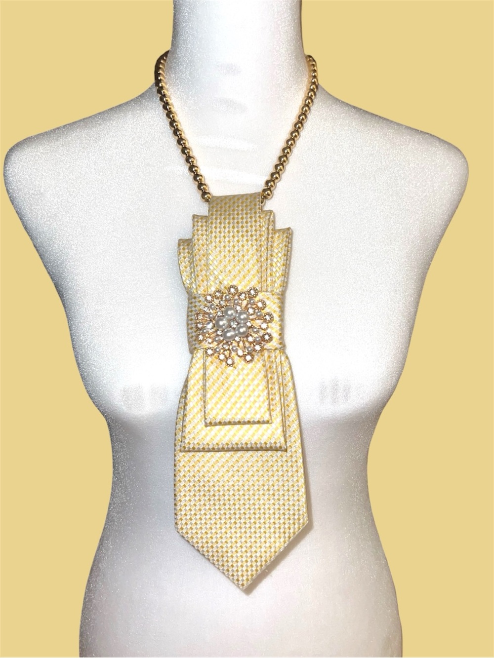 Gold Statement Tie Necklace with Crystal Brooch
